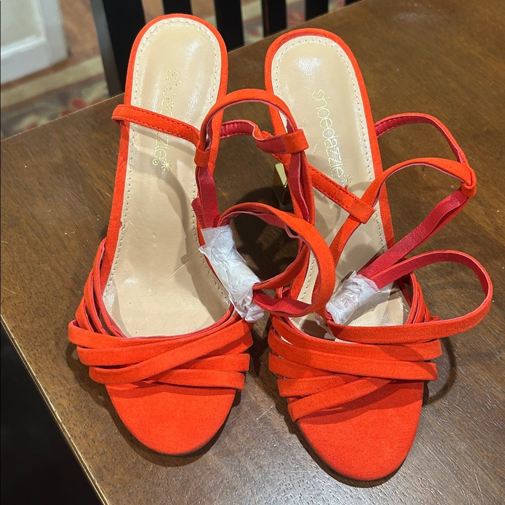 Shoe Dazzle Red Strappy Heels with Gold Accents - Picture 3 of 5